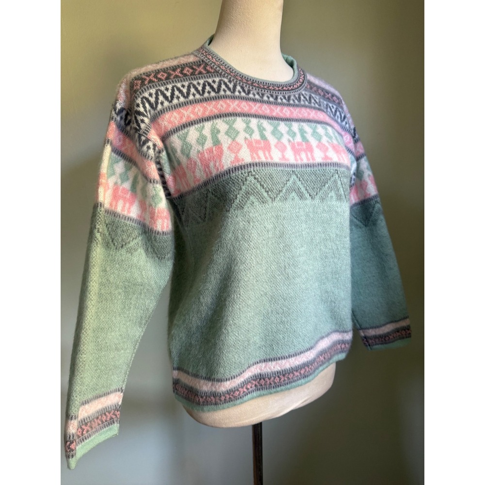 Tejido Ecuador Wool Llama Fair Isle Sweater Sage Green Pink S whimsi cottage y2